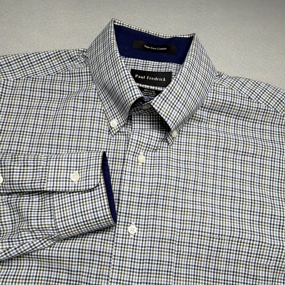 Paul Fredrick Button Down Shirt Mens 16.5x33 Blue Green Check Non-Iron Tailored